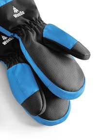 Ciepłe, izolowane rękawice z czarno-niebieskim wzorem, z teksturowanymi czarnymi dłońmi i elastycznymi mankietami dla pewnego dopasowania.