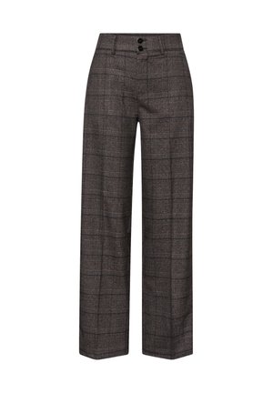 Brede broek in een donkergrijze ruitpatroon. Gemaakt van een gestructureerde stof met twee zwarte knopen bij de tailleband voor sluiting.