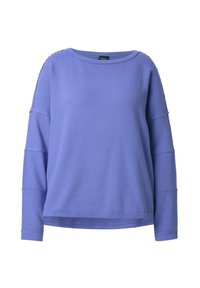 Sudadera larga de manga morada, hecha de tela texturizada, que presenta un ajuste holgado, hombros caídos y detalles acentuados sin terminar.