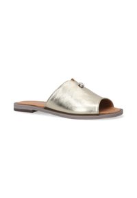 Guld metallic slidesandaler med åben tå, der har en glat tekstur, en lille dekorativ detalje og en brun tekstureret indersål.