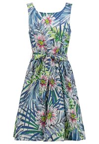 Robe florale bleue et blanche, avec une taille cintrée, de larges bretelles et une jupe évasée ornée de motifs de fleurs détaillés en rose et vert.