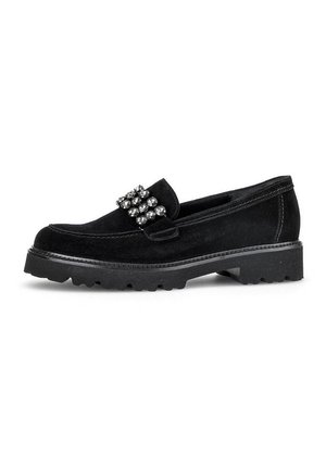 Black suede loafers with a chunky rubber sole, featuring a decorative cluster of gemstones on the vamp. Simple and robust design.