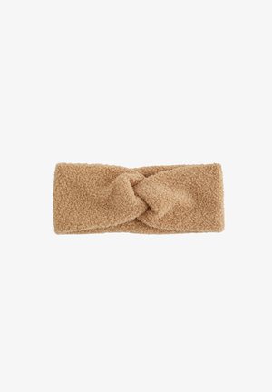 Bandeau en tricot marron clair avec une finition douce et texturée. Présente un détail avant torsadé pour un intérêt de design supplémentaire.