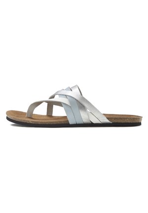 Silver and light blue leather slide sandal with crisscross straps, cork footbed, and black rubber sole. Flat design, minimalistic style.
