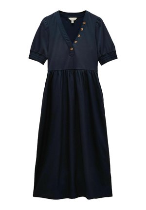 Marineblå midi-kjole med korte pufærmer, V-udskæring, fem træknapper ned langs brystet og indsnævret talje.