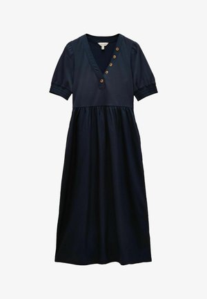 Abito midi blu navy con maniche corte a sbuffo, scollo a V, cinque bottoni in legno sul davanti e vita arricciata.