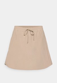 Falda beige de longitud a la rodilla con cintura elástica, detalle de cordón y dobladillo ligeramente acampanado. Tela suave y ligera.