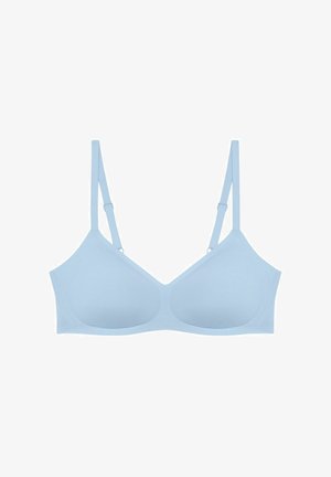 Himmelblauer, kabelloser BH mit verstellbaren Trägern, glattem Stoff und dreieckiger Form. Mit minimalen Nähten und ohne Unterdraht.
