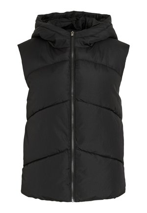 Gilet imbottito senza maniche nero con cappuccio, presenta cuciture a zigzag e chiusura frontale con zip. Tessuto morbido trapuntato. Design leggero.
