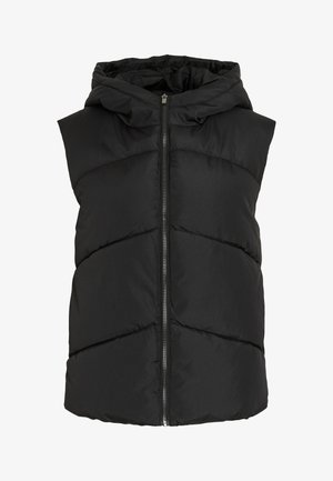 Gilet imbottito senza maniche nero con cappuccio, presenta cuciture a zigzag e chiusura frontale con zip. Tessuto morbido trapuntato. Design leggero.