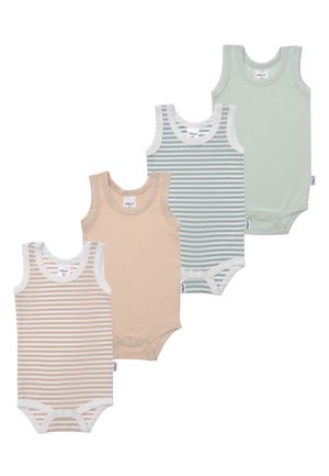 Set aus vier ärmellosen Babybodies aus weicher Baumwolle. Farben: hellpfirsich, hellbeige gestreift, mintgrün und grün gestreift.