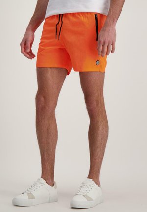 Mannenzwembroek in helder oranje, lichtgewicht materiaal, elastische tailleband met zwarte trekkoorden en een zijrits zak.