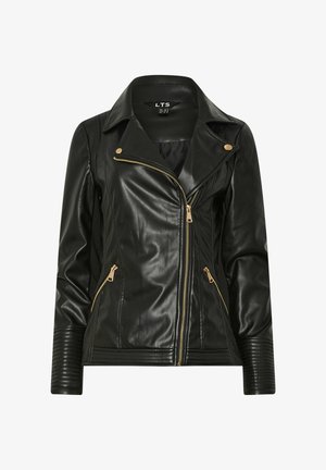 Czarna kurtka z sztucznej skóry o motocyklowym designie, z złotymi zamkami, bocznymi kieszeniami, zapięciem na napy przy kołnierzu i prążkowanymi mankietami.
