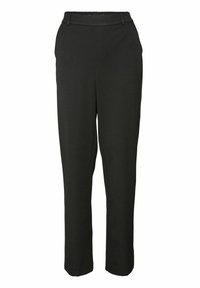 Czarne, dopasowane spodnie o prostym kroju, gładkiej fakturze materiału oraz elastycznym pasie zapewniającym pewne dopasowanie, bez widocznych kieszeni i akcentów.