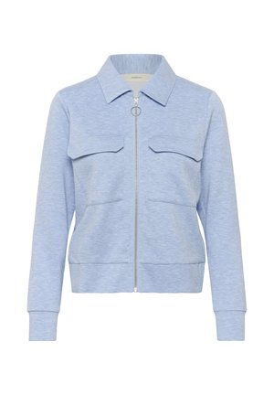 Light blue zip-front jacket with a collared neckline, two chest pockets, and ribbed cuffs. Made from soft, textured fabric.