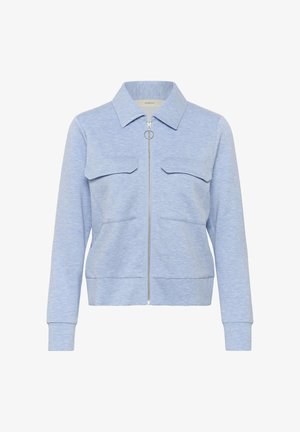 Svetlomodrá bunda so zipsom na prednej strane, s golierom, dvoma náprsními vreckami a rebrovanými manžetami. Vyrobená z mäkkej textúrovanej látky.