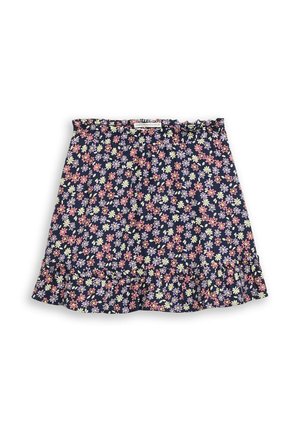 Jupe bleu marine avec imprimé de petites fleurs roses, blanches et lavande, taille élastique et détail volanté à l’ourlet.