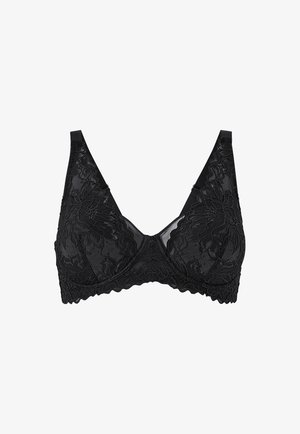 Sort blonde bh med en blød, glat overflade, prydet med blomster mønstre, justerbare stropper og en bølget kantdesign.