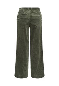 Pantalon large taille haute en velours côtelé vert olive avec passants de ceinture et deux poches passepoilées à l’arrière, vu de dos sur fond blanc.