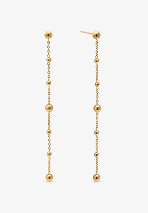 Zlaté náušnice v reťazovom dizajne s viacerými guľatými korálkami rôznych veľkostí pozdĺž reťazca, zakončené hrotom.