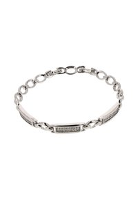 Silberne Kettenarmband mit drei rechteckigen, mit Edelsteinen besetzten Gliedern und abwechselnd ovalen Kettengliedern auf einem weißen Hintergrund.