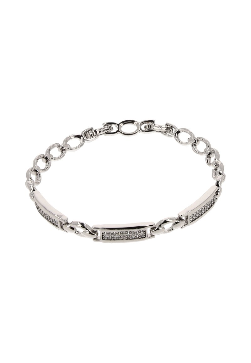Silberne Kettenarmband mit drei rechteckigen, mit Edelsteinen besetzten Gliedern und abwechselnd ovalen Kettengliedern auf einem weißen Hintergrund.