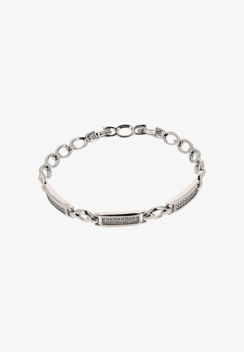Silberne Kettenarmband mit drei rechteckigen, mit Edelsteinen besetzten Gliedern und abwechselnd ovalen Kettengliedern auf einem weißen Hintergrund.