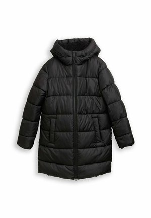 Piumino nero con cappuccio, dotato di chiusura frontale con zip, due tasche laterali, design trapuntato e una morbida texture di rivestimento interno.