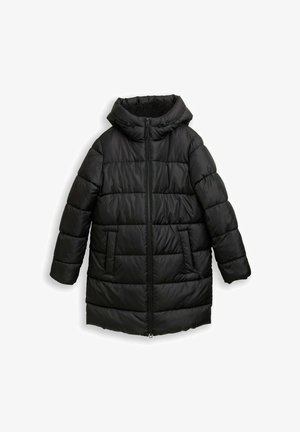 Zwarte pufferjas met een capuchon, voorzien van een ritssluiting aan de voorkant, twee zijzakken, een doorgestikt ontwerp en een zachte voering.