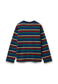 Camicia a maniche lunghe con righe orizzontali in blu navy, rosso, verde, giallo e blu, mostrata dal retro su uno sfondo bianco.