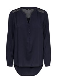 Blusa blu navy con maniche lunghe, chiusura con bottoni, dettagli plissé e accentuazioni a quadri sulle spalle. Tessuto morbido e fluido con orlo curvo.