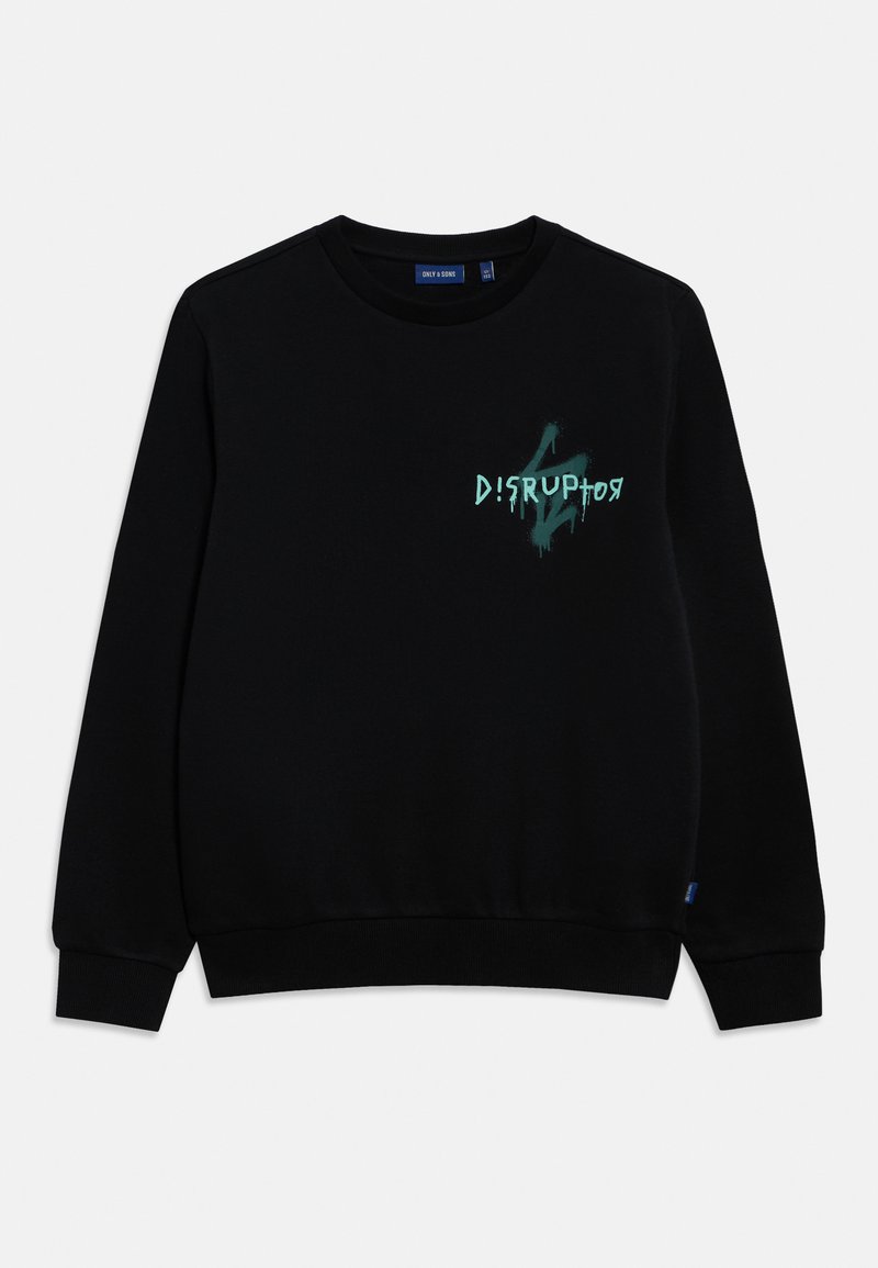 Sweat-shirt noir en tissu doux, avec un motif graphique en texte bleu sarcelle "DISRUPTOR" à l'avant. Manchettes et ourlet côtelés inclus.