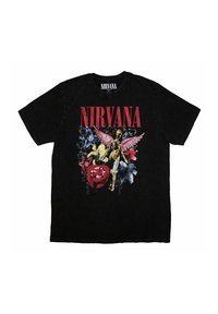 Black cotton t-shirt featuring a central graphic of a golden figure with wings, surrounded by colorful flowers and the word "NIRVANA" in red.