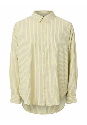 Hele kollane nööpidega särk, millel on vertikaalsed sinised ja hallid triibud, pikad varrukad, krae ja esiküljel tasku, veidi pikem taga.