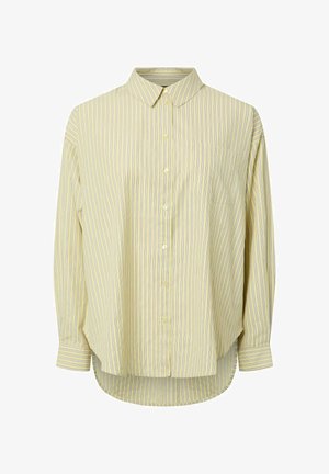 Hele kollane nööpidega särk, millel on vertikaalsed sinised ja hallid triibud, pikad varrukad, krae ja esiküljel tasku, veidi pikem taga.