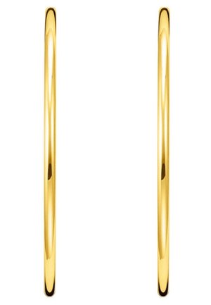 Pair of thin, polished gold hoop earrings with smooth surfaces and rounded edges on a white background.