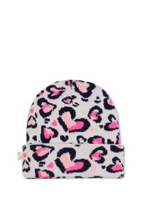 Bonnet en tricot présentant un fond gris clair avec des motifs de cœurs roses et noirs ainsi que des motifs léopard. Design à revers, texture douce.