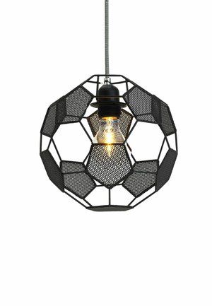 Black geometric metal pendant light with perforated panels surrounding a glowing vintage-style filament bulb and a black and white cord.