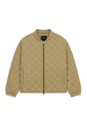 Hellbraune gesteppte Jacke mit durchgehendem Reißverschluss vorne, geripptem Kragen und Bündchen sowie zwei vertikalen Fronttaschen.