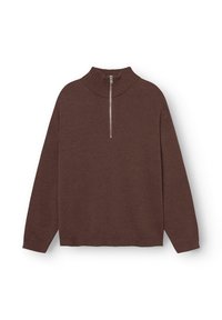 Brązowy sweter z dzianiny z prążkowanym wysokim kołnierzem i pół zamkiem, z długimi rękawami oraz prążkowanymi mankietami i dołem.
