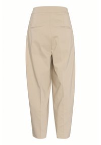 Pantaloni beige a culisse caratterizzati da un tessuto liscio, tasche anteriori e posteriori, gambe affusolate e una vita sartoriale.