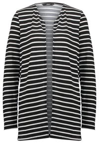 Black and white striped cardigan, lightweight fabric, open front, long sleeves, straight cut, thin horizontal lines, casual design.