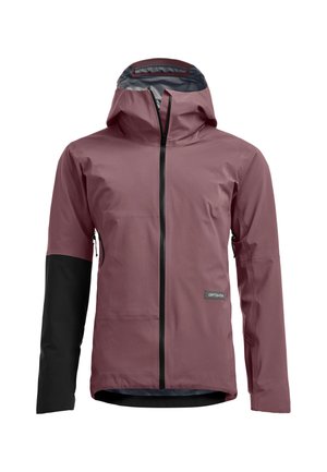 Light purple hooded jacket with full black zipper and contrasting black lower left sleeve on white background.