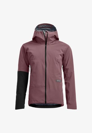 Light purple hooded jacket with full black zipper and contrasting black lower left sleeve on white background.
