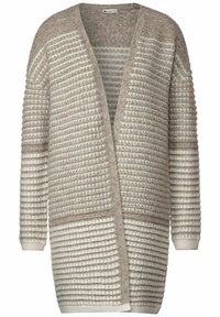 Beige kardigan s texturovanou, vzorovanou tkaninou, která má střídající se tkané pruhy ve světlých a tmavých odstínech. Otevřený přední část a dlouhé rukávy.