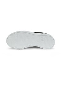 Suela negra de zapatilla con una suela de goma blanca. Presenta un patrón de relieve texturizado y un logotipo prominente cerca de la zona del talón.