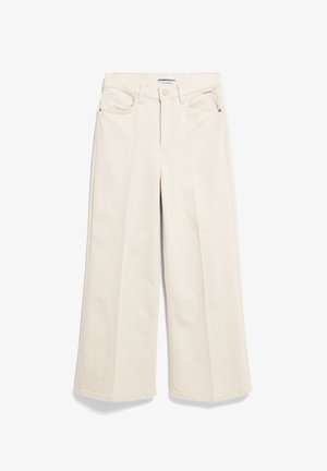 Beige wijde broek van katoen, met een hoge taille, voorkruiden en een ritssluiting. Rechte zoom met minimaal zichtbare stiksels.