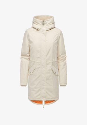 Lang, cremefarvet vinterfrakke med en faux shearling-fôrret hætte, tryklukslommer, ribbede manchetter og et orange quiltet for.