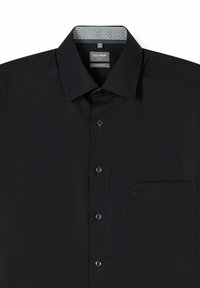 Black long-sleeve button-up shirt with a pointed collar, chest pocket, and inner collar lining patterned with small black and white geometric shapes.