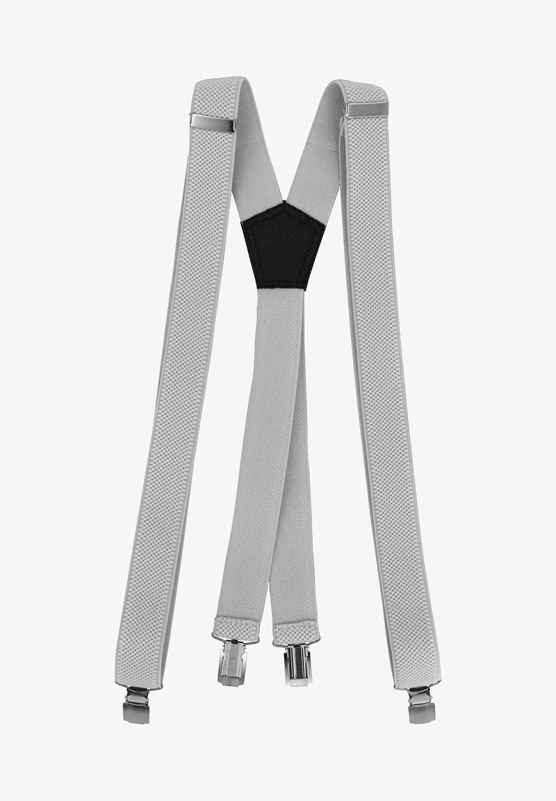 Graue Hosenträger mit strukturierten Riemen, die einen zentralen schwarzen Abschnitt und silberne Metallclips an jedem Ende zur Befestigung haben.